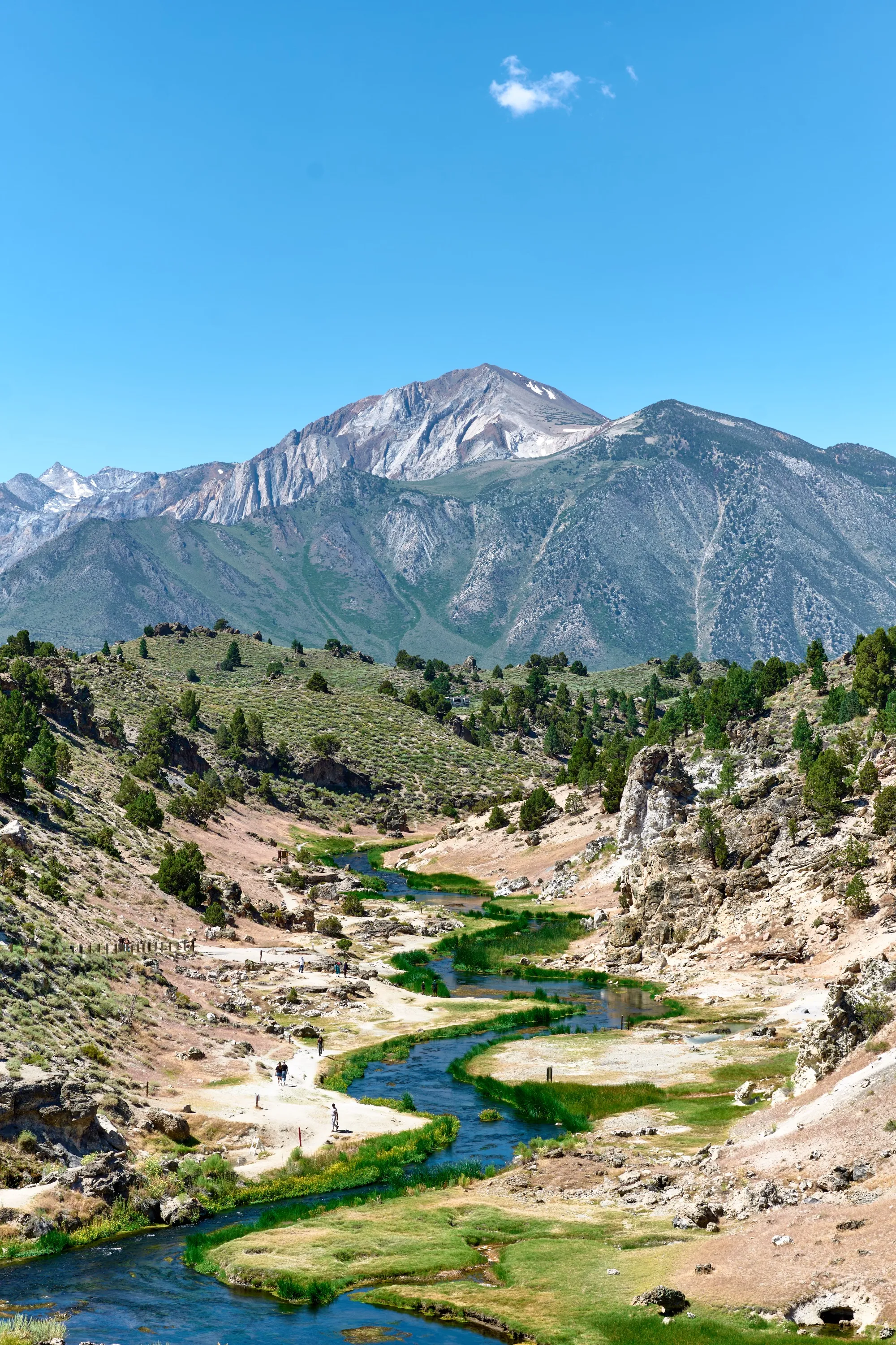 Hot Creek winding below the peaks