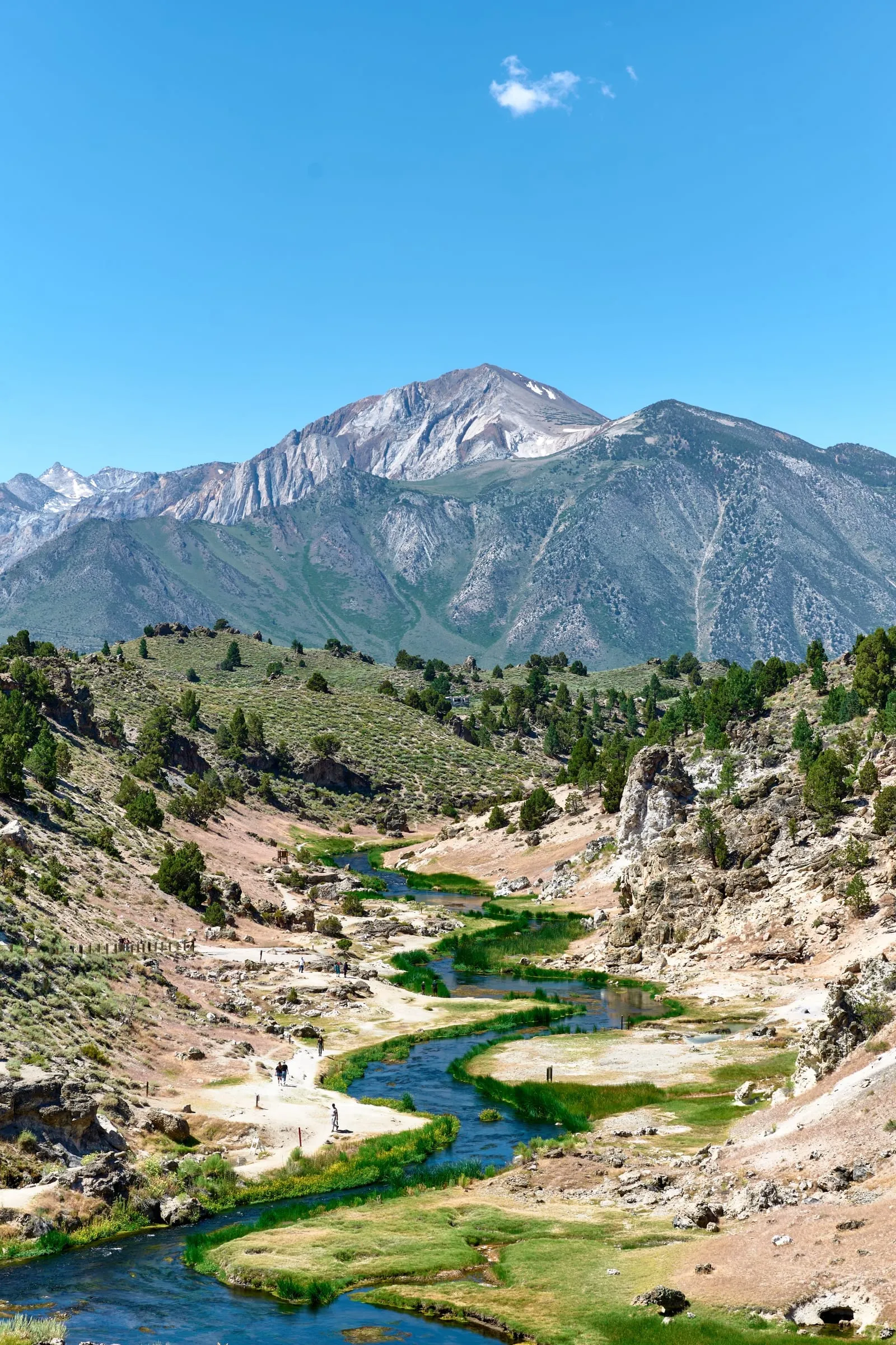 Hot Creek winding below the peaks